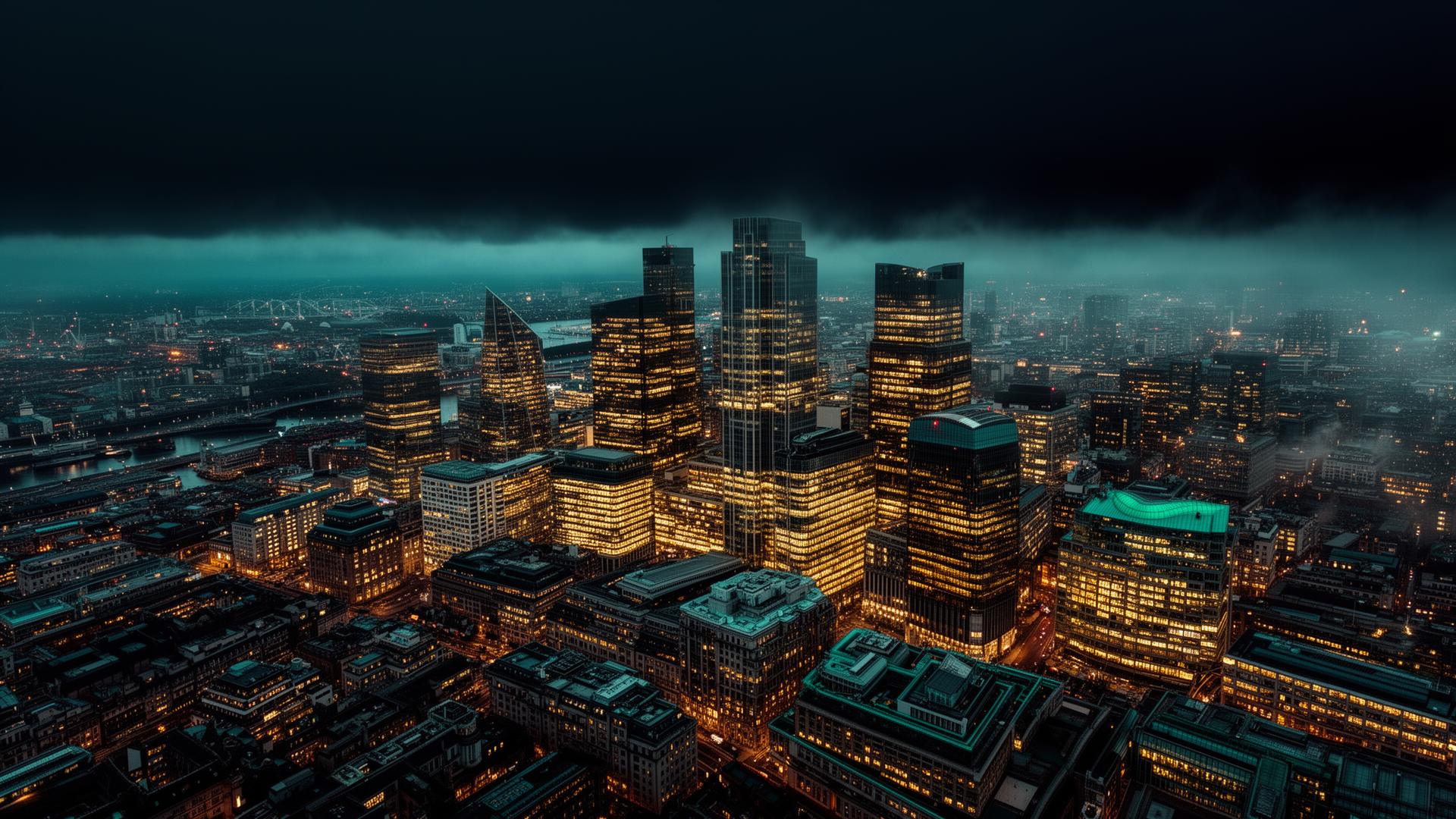 London financial district skyline at night